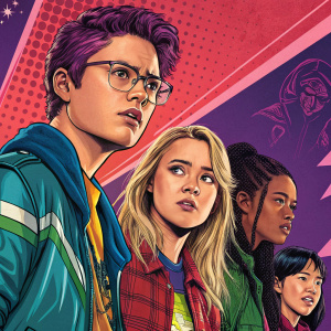 Poster for the Netflix original series Marvel's Runaways. Vibrant colors and dynamic character illustrations.