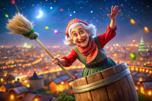 An animated cartoon old lady, with exaggerated features including a long curved nose and a wide,
 joyful smile, climbs into a wooden brown barrel and waves an antique straw broom with colored
ribbons - pink and yellow - tied to the handle, giving her an enchanted look. She wears a red scarf decorated with white polka dots, which contrasts with her flowing gray hair. 
Her outfit consists of a green top and a red apron with a yellow patch. The old lady in a barrel is flying over a city with lights