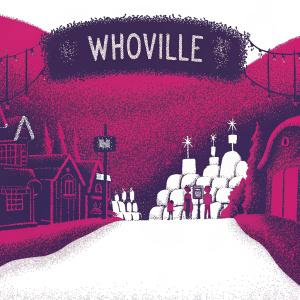 Illustration of a vibrant Whoville town. Whimsical cartoon characters and stylized buildings in a black and white flat-line art style. Welcome sign at the entrance