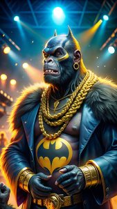 ape batman with bling bling at a concert with a chain of letters BG