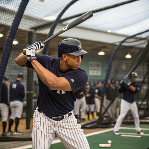 Michael Brantley, in his Yankees uniform, practicing swings at the batting cages.