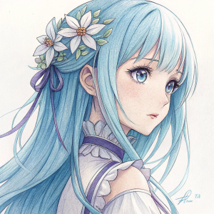 Sketch of Emilia from Re:Zero. Pencil drawing highlighting her delicate features and flowing hair. Background minimalistic, focusing on character design