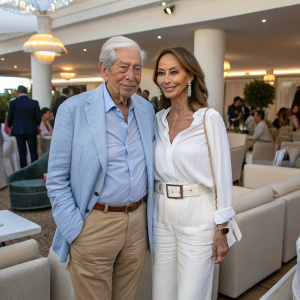 Mario Vargas Llosa and Isabel Preysler at Cannes Film Festival. Both in casual attire, mingling with guests in lounge area