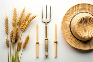 Flat lay composition with farmer instruments on white background