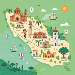 A lively and engaging map of Taxco, Mexico. It features playful cartoon icons depicting various landmarks and services. Set against a bright green backdrop, this map is visually captivating and user-friendly. Ideal for tourists, it highlights key attractions and services in a fun and accessible manner.