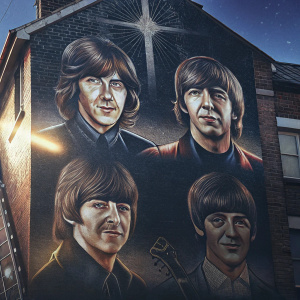 A colorful mural in Liverpool depicting John Lennon, Paul McCartney, George Harrison, and Ringo Starr.