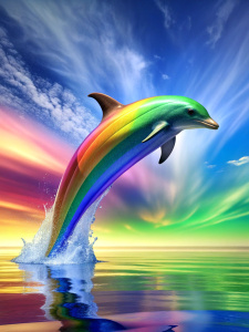 rainbow coloured dolphin jumps out of the water