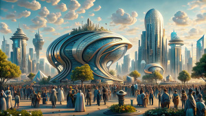 a beautiful sunny day over the park of the Venus project,  the beginning of the film,  crowds of people in futuristic clothes against the background of skyscrapers and fantastic metal (spaceships:1.4) in exotic plants,  summer light,  high technology,  invigorating tones,  insane details,  intricate details,  excessive detail,  low contrast,  soft cinematic light,  bright colors,  mixed exposure,  HDR,  colorful,  slate-transparent atmosphere,  weta digital,  redshift rendering,  caustic,  8k 