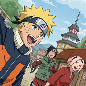A vibrant illustration from a Naruto manga, featuring Naruto and his friends in a lively scene.