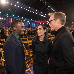 Anthony Mackie, Jennifer Connelly, and Paul Bettany chatting at a bustling award show. Rows of empty directors' chairs, flashing lights, and enthusiastic crowd in the background.