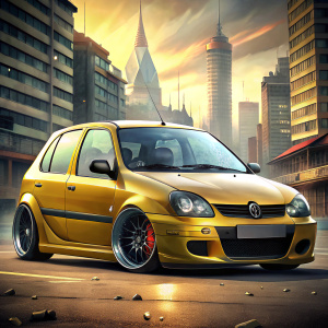 2000 Renault Clio sport, lowered, wide body kit, race car, oversized wheels, very detailed rims, graffiti,  cinematic city road background