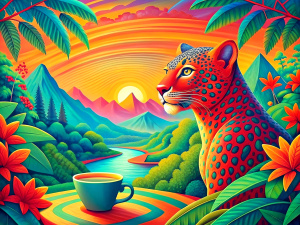 illustration, abstraction, Brazil, symbol of  Brazil spotted jaguar, landscape, coffee cup, close-up foreground, Dali style, simple shapes, color gradient, detail of objects