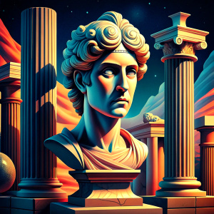 Exhibition, classics and antiquity. Vector illustrations of abstract shapes, ancient greek column, ancient ruins, goddess sculpture and bust for background, flyer or poster