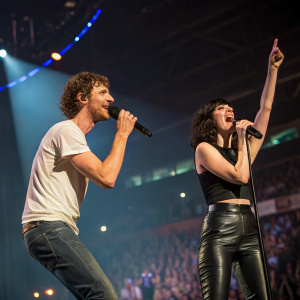 Gotye and Kimbra on stage at a packed concert. Wearing casual outfits, Gotye in a white t-shirt and jeans, Kimbra in a black crop top and leather pants. Both perform their hit songs with energy and passion.