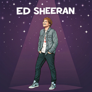 Vector art. Ed Sheeran, musician, in casual outfit. Background is dark purple with stars. Logo 'ED SHEERAN' prominent