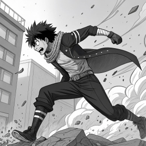 Dabi, from My Hero Academia, in a detailed manga panel. Gray scale illustration, dynamic action pose.