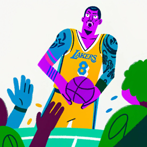 Kyle Kuzma, in a Lakers jersey, intense look. Upper body tattoos visible. Center court at Staples Center. Faint outlines of fans in the background.