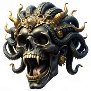 
screaming black skull with golden teeth and tongue wearing a medusa snakes hair headpiece isolated on white background