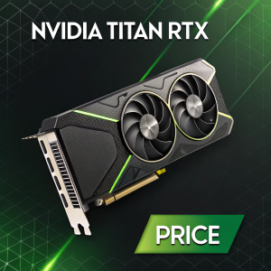 Promotional banner for Nvidia Titan RTX. Black and green graphics card centered. Spanish text detailing specifications and price. Social media icons at bottom. Dark background.