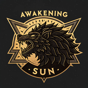 Awakening Sun logo design. Dark and fierce mythical beast, chaotic and aggressive. Black and gold color scheme, metallic finish