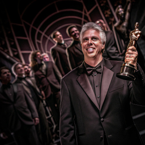 Christopher Rouse, an editor, proudly stands with an Oscar at the Golden Globe Awards. Wearing a black tuxedo.