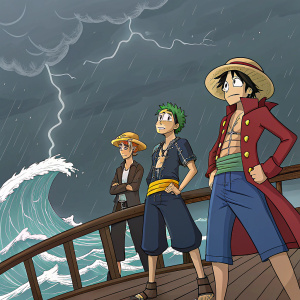 A dynamic illustration of Luffy, Zoro, and Nami from One Piece. They stand on a stormy deck of the Going Merry, each with a distinct pose and expression. Background shows crashing waves and dark clouds