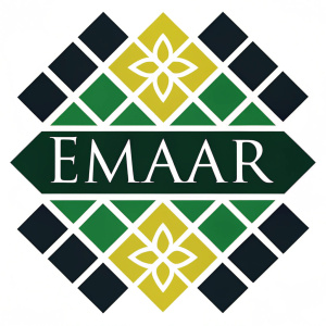 Emaar logo featuring dynamic blend of geometric shapes and brand name. Utilizes various sized squares in black, white, and vibrant green. Repeated throughout design.
