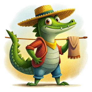 A country alligator carrying on his shoulders a bundle of clothes hanging from a stick, his hand making a farewell gesture. Gabby Gator style, white background