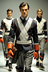 fashion design with hockey-themed elements, for men, sport-casual style, black colors, modern, agressive