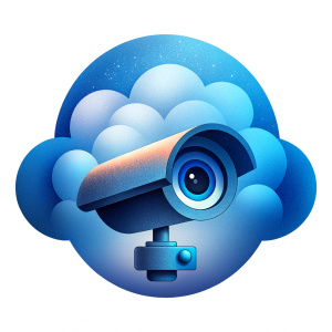 a logo for a cloud video surveillance company. It should contain a white cloud in the background and a video surveillance camera in the foreground. Make the camera look like EVE from Wall-E cartoon.