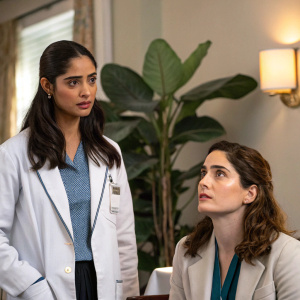 Photograph of Shiva Kalaiselvan as Leyla and Janet Montgomery as Dr. Lauren Bloom from 'New Amsterdam'. Leyla stands with a focused gaze, while Dr. Lauren Bloom is seated with a similar expression. The scene takes place in an indoor room featuring a large plant structure and a lamp-like fixture in the background, bathed in soft, ambient lighting.