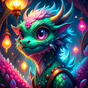 A majestic golden baby dragon with nice scales with piercing and captivating eyes and no ears. Open mouth.The gold baby dragon is surrounded by an array of colorful Chinese lanterns, which cast a warm, festive glow over the scene.  In the background, an impressive fireworks display illuminates the night sky, contributing to the festive atmosphere. Realistic details, Ultra high definition