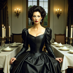 50 yo slim brunette in period correct Victorian black shiny satin dress.  Very slim corseted waist and big bosom spilling out. Long puff sleeves. Floor length wide skirt. Glossy dark red lipstick. Sitting at dinner table at Carlton Towers. 