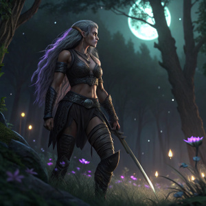 Digital artwork of a warrior elf female with long, voluminous grayish-purple hair. She is wearing a tight, dark outfit highlighting her muscular, toned physique. She stands in various combat-ready stances. The background is a moonlit forest at night.