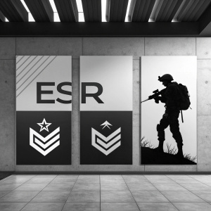A series of logos for ESR. Each logo uses a modern, sleek design featuring abstract shapes and a silhouette of a soldier. The logos are presented in black and white with bold, clear typography that emphasizes the ESR brand identity.