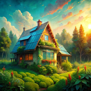 Watercolor solar punk style house nestled in a verdant field, bursting with vibrant hues, captured in a charming 2D illustration, emphasized depth of field, complementary color contrasts, lush vegetation surrounding the eco-friendly architecture, soft-textured clouds backdrop, sunbeams filtering through foliage, highly detailed, ultra clear.