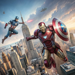 Digital illustration of Tony Stark in his Iron Man suit and Captain America. They are in mid-air action. Background of Stark Tower and the bustling New York skyline.