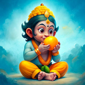 child Hanuman eat mango in illustration art