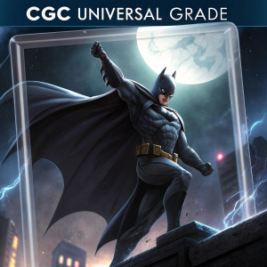 Batman comic book artwork. Dynamic pose with cape extended. Dark background with dramatic lighting. CGC Universal Grade label. In clear plastic protective cover.
