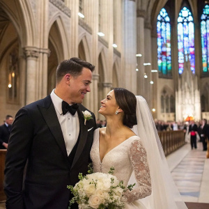 Channing Tatum and Jenna Dewan-Tatum on their wedding day. Formal attire. Cathedral setting.