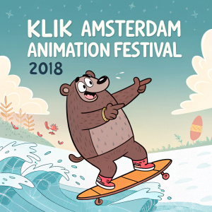 Digital illustration for KLIK Amsterdam Animation Festival 2018 featuring a cartoon of a large, friendly bear riding a surfboard-shaped skateboard. Text overlays with event details.