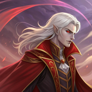 Digital art showcasing the character Alucard Viscount from Mobile Legends. Pale skin, red eyes, long white hair, elaborate red and gold outfit with a cape. Background: swirling shades of red and purple.