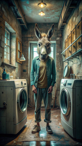 Realistic human, donkey,  and alien hybrid in a old house, washing machine, poor clothing, 8K, best quality
