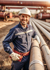 A Russian oil and gas worker in blue overalls, white helmet with the emblem, on his chest is smiling while holding an industrial pipe that has red elements at its end. He stands next to large pipes from which the energy detail emerges. The background features open fields under a clear sky, symbolizing Russia's strong presence as one of the world’s leading energy producers. This photo was taken in the style of Nikon D850 DSLR camera with a zoom lens.