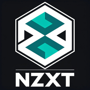 The NZXT BLD logo features bold, teal and white geometric shapes against a black backdrop, symbolizing innovation and technology.