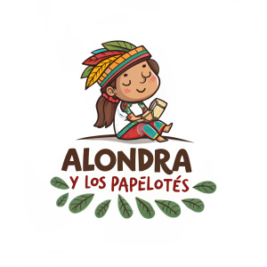 Digital illustration for Alondra y los papelotes logo featuring a character inspired by traditional Costa Rican art in a relaxed pose. Simple, cartoon-like style with Spanish text.