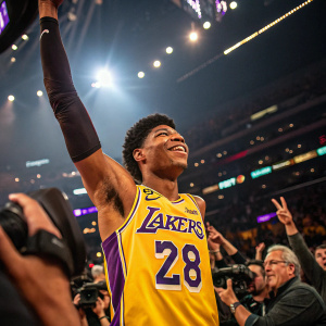 Rui Hachimura, wearing a vibrant Lakers jersey with the number 28, celebrating after a victorious basketball game. Surrounded by cheering fans and illuminated by arena lights.