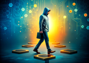 Design an inspirational image featuring a professional with half business attire and half tech gear, like a hoodie with binary code or circuitry designs, standing triumphantly on top of a series of stepping stones that symbolize different job skills. Each stepping stone can be engraved with symbolic icons for traditional skills, and as the steps lead towards the tech industry, they evolve into more tech-centric icons like coding brackets, mouse cursors, or cloud symbols. The path should ascend t