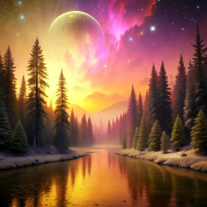 point of view angle, pink golden and silver sunset, mystical forest, tall tress, river, golden moonlight, big moon, pink and silver stars