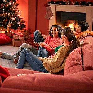 Hailey Baldwin and Hailee Steinfeld in a cozy living room during the holidays. Christmas tree in the background, surrounded by friends and family of diverse backgrounds
